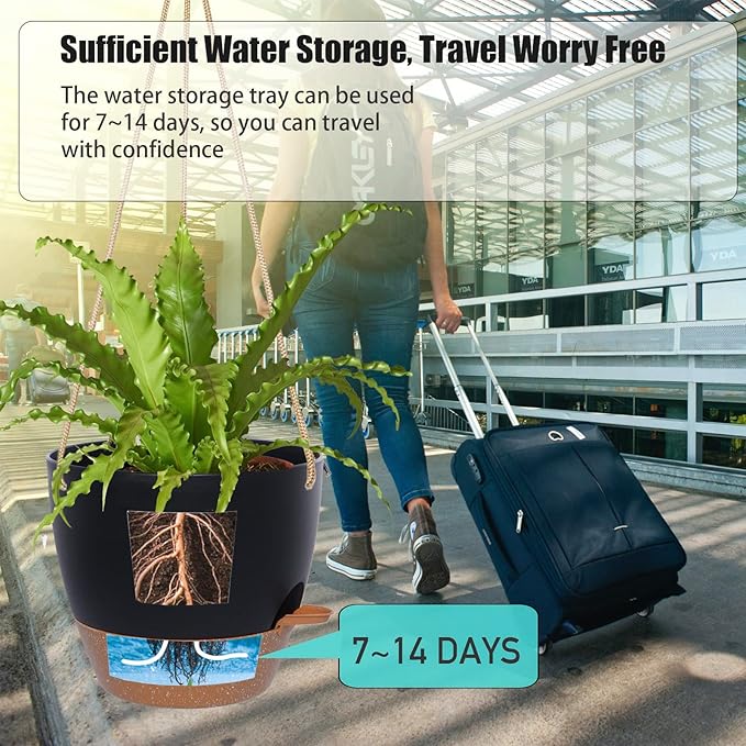 8 inch Hanging Planters, 2 Pack Self Watering Hanging Pots with 20oZ Deep Reservoir for Indoor Outdoor Plants Flowers, Black with Brown