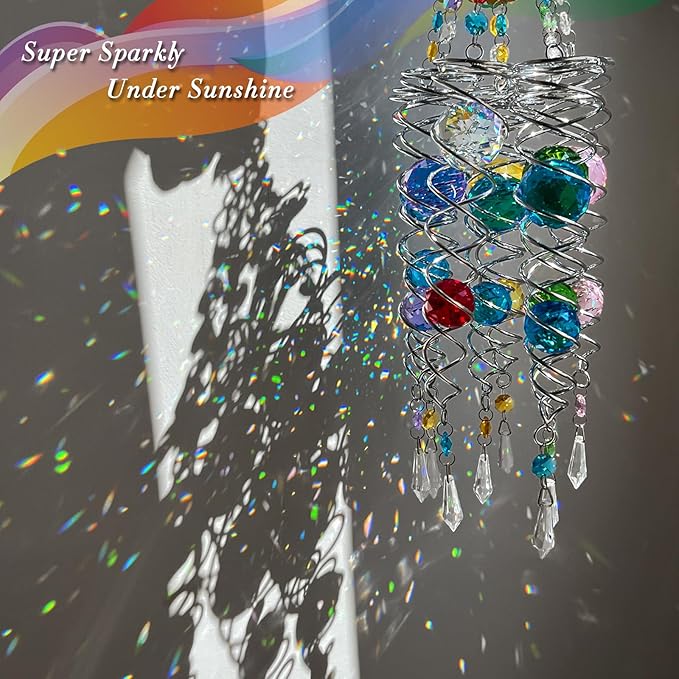 FONMY Tree of Life Gazing Ball Spiral Wind Spinner Sun Catcher Rainbow Maker Silver Spiral W/Golden K9 Crystal Ball Tree Hanging Ornament Indoor Outdoor Garden Decor. 19.5inch H