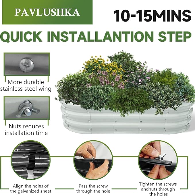 Galvanized Metal Raised Garden Bed 4x2x1ft Large Raised Planter 1Pack Outdoor Planter Box with Rubber Stripe and Safety Gloves for Vegetables, Fruits, Herbs, Flowers, Grey White