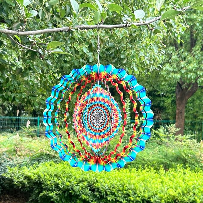 3D Wind Spinner Rainbow Mandala Stainless Steel Metal Wind Spinner Kinetic Metal Art Multi-Color Geometric Pattern Hanging Ornament for Yard Garden Patio