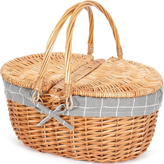 Happypicnic Wicker Picnic Basket with Handle, 15" Large Empty Picnic Basket with Lid & Removable Liner, Vintage Hand Woven Basket for Picnics, Camping, Veg Picking, Mother's Day, Thanksgiving (Check)