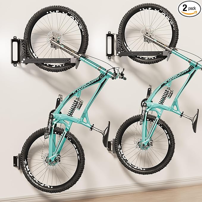 2-Pack Swivel Bike Rack Wall Mount, Bike Hangers for Garage, Space-Saving Vertical Bike Holder, Holds up to 77 lbs, Bicycle Wall Hanger Storage, No Heavy Lifting Required Indoor Hanging Bike Rack