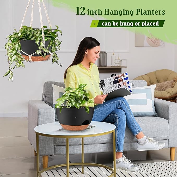 Hanging Planters for Outdoor Indoor Plants, 2 Pack 12 Inch Hanging Basket Plants Outdoor, Self Watering Hanging Planter with Plant Hanger for Garden Home Decoration (2 Type Plant Hangers Black)