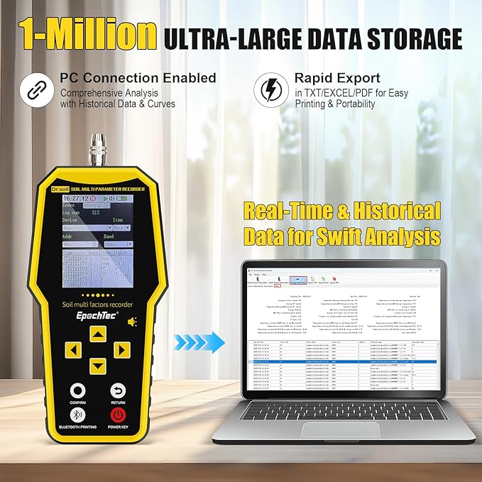7 in 1 Soil Tester, ±1% High Precision Digital NPK Tester/Soil Moisture Meter/PH Tester/Temperature/EC Monitor for Agriculture, Plant Cultivation, Geological Survey with Data Storage & Export