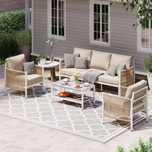 Aluminum Outdoor Patio Furniture Set, HDPE Rope 4 Piece Modern Sectional Conversation Sets with Dual-Layer Coffee Table, All Weather Patio Couch Set with Thick Cushions, White Frame, Ivory