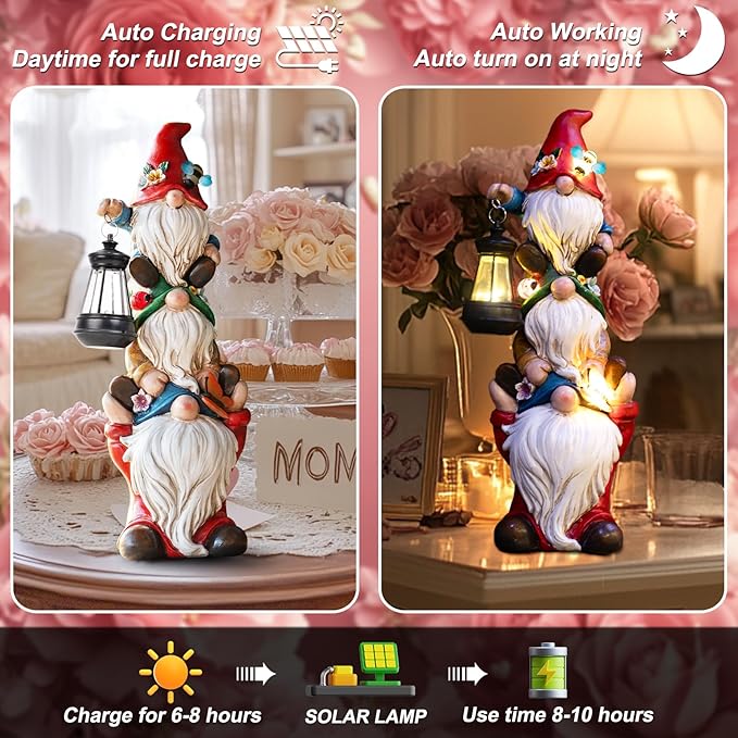 Garden Gnome Statue with Solar Lights Large Garden Sculptures Funny Triple Gnome Outdoor Patio Lawn Yard Balcony Garden Home Decor Gifts for Women Mom 12 in Spring Summer Gnomes Outdoor