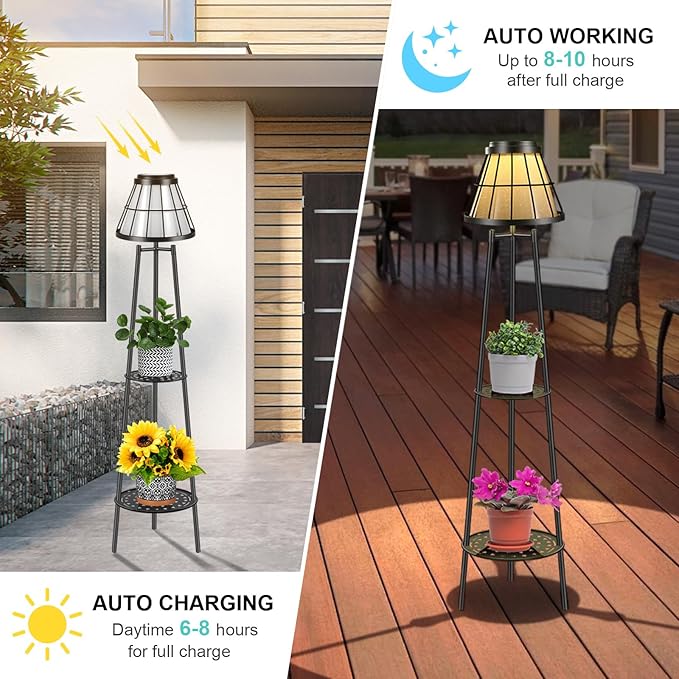 2 Pack Solar Lights Outdoor with Plant Stands, Solar Floor Lamp Metal Tripod Patio Lights for Garden Yard Pathway Driveway Front/Back Porch Decoration