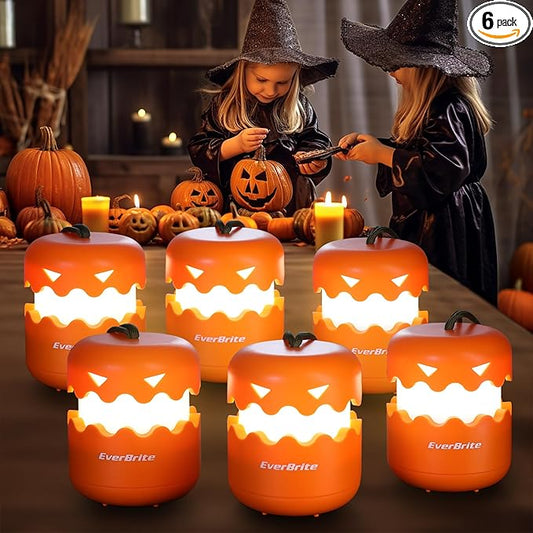 EverBrite 6-Pack Halloween Pumpkin Lantern, Collapsible Jack O Lantern Pumpkins with Lanyard, Halloween Party Favors for Kids, Light up Pumpkin Outdoor for Halloween Party Decoration, Battery Included