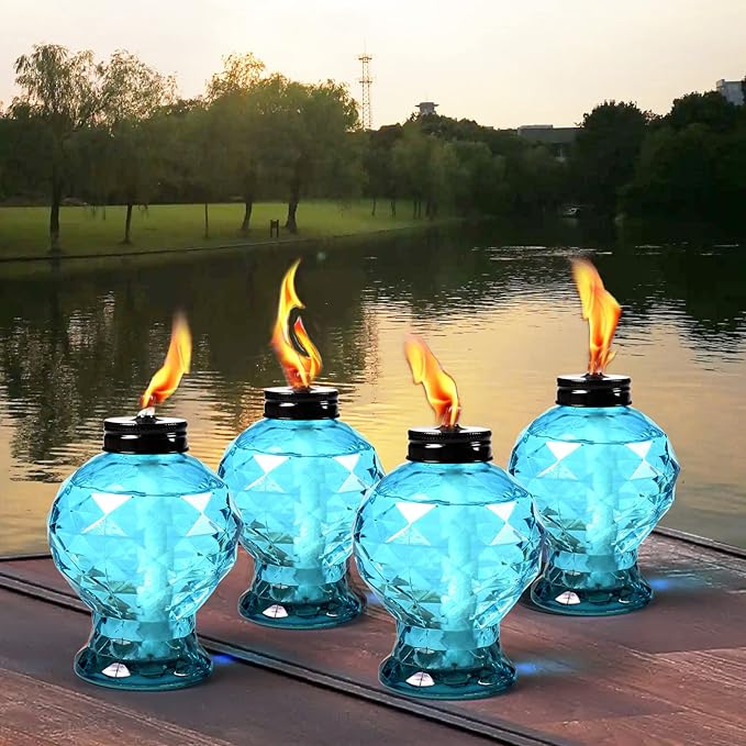 4 Pack Glass Table Torch,Citronella Glass Table Top Torches with Wick and Cap for Outdoor, Refillable Torches Landscape Lanterns Torches for Yard Patio Garden,Party Decor