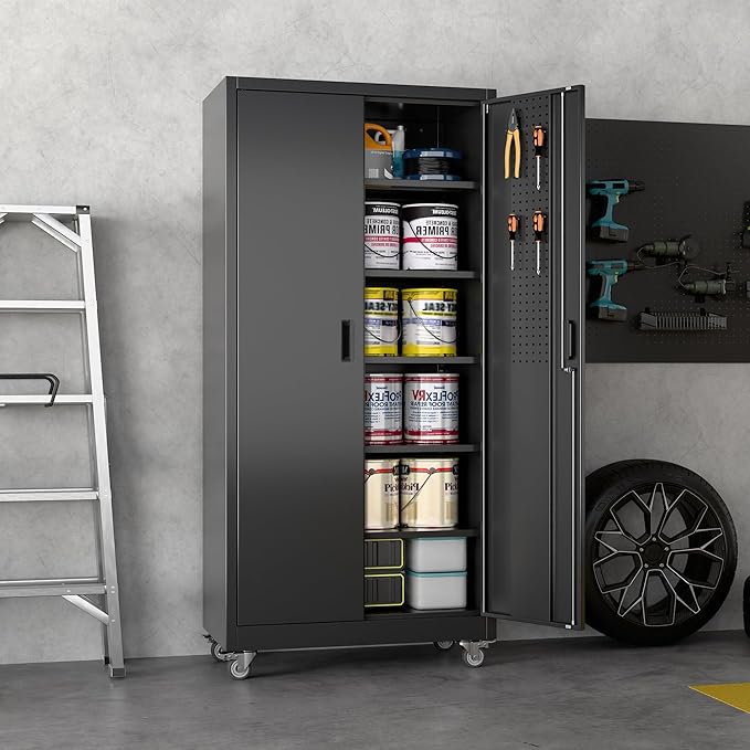 Garage Storage Cabinet with Wheels & Pegboard, 71" H×34" W×18" D Locking Metal Storage Cabinet with 2 Doors and 5 Adjustable Shelves for Garage Workshop Home, Black, Assembly Required