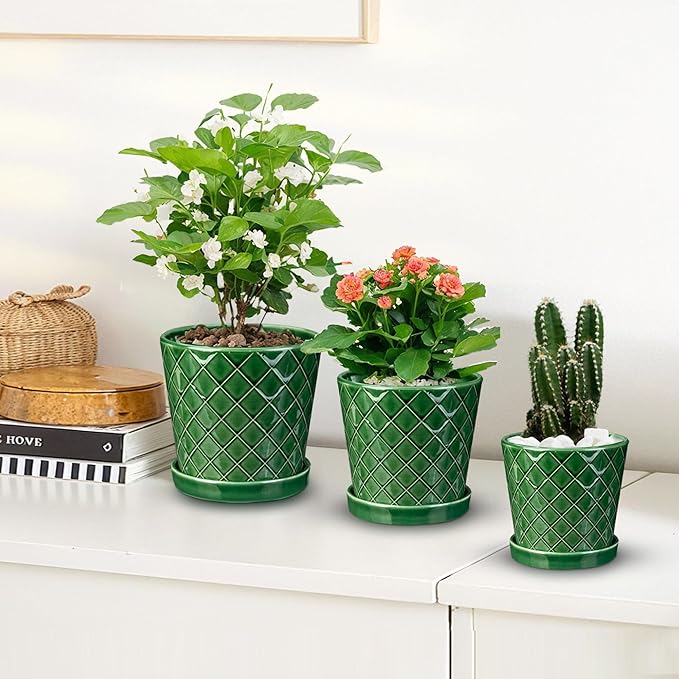 EFISPSS Ceramic Plant Pots, 4+5+6 Inch Pots for Indoor Plants, Flower Pots with Drainage Hole and Tray,Indoor/Outdoor Usage, Modern Style Garden Pots Set of 3 - Patina