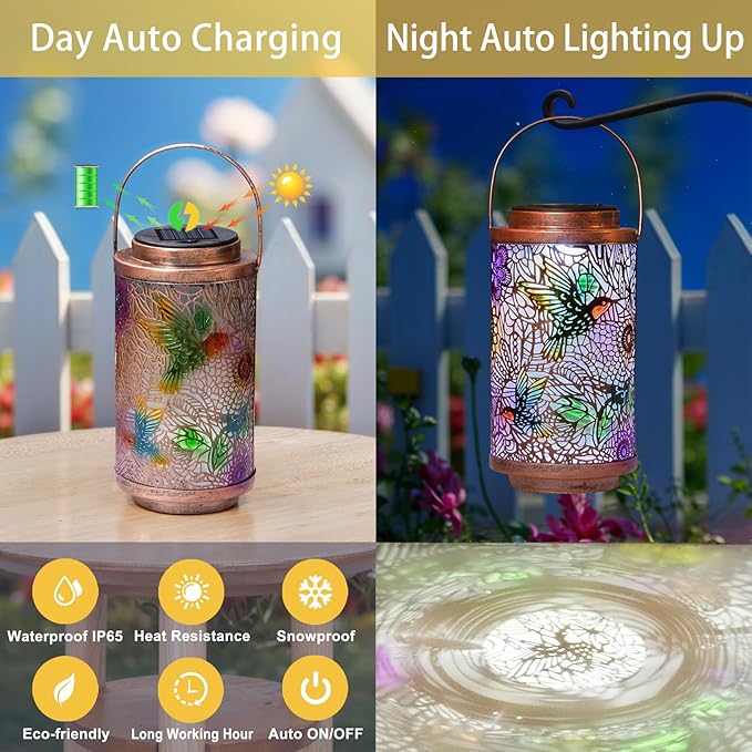 2Pack Solar Lanterns Outdoor Waterproof Hummingbird Gardening Gifts for Women, Multicolor Solar Lights Patio Lantern for Backyard Garden Decor, Porch, Outside, Mothers' Day Gifts for Mom Grandma