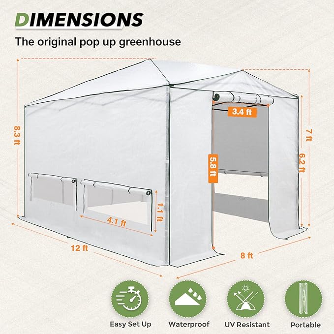 EAGLE PEAK 12x8 Portable Walk-in Greenhouse, Pop-up Indoor Outdoor Garden Green House, Zippered Doors and Windows, Heavy Duty Woven PE Cover, White