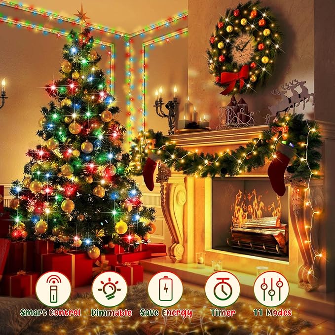 Hezbjiti 337FT 720LED Color Changing Christmas Lights Outdoor, 11 Modes String Lights IP44 Waterproof Fairy Light for Party Tree Garden Wedding Decorations (Multicolor to Warm White, Clear Wire)
