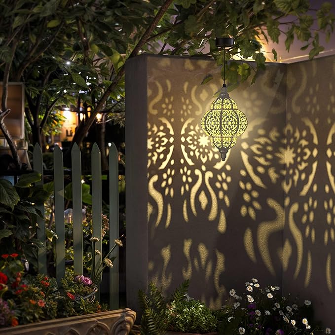 Hanging Solar Lights Outdoor Garden Decor Solar Lantern Waterproof Plastic Moroccan Outdoor Decorations for Patio Pathway Yard Backyard Garden Decorative (1, White)