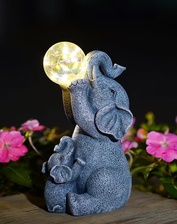 Goodeco Solar Elephant Statue - Outdoor Decor with LED Lights - Grey Resin - Ideal Gift for Elephant Lovers & Garden Enthusiasts