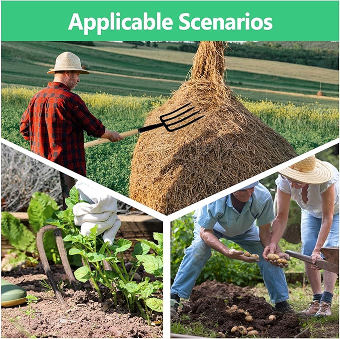 Garden Fork,4-Tine Pitchfork,Spading Digging Fork,Forged Steel Y-Grip, Wood Handle,45Inch