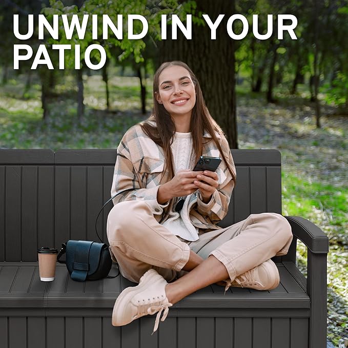 EconoHome 3 Seat Outdoor Storage Bench with Rain Cover - 90 Gallon Capacity - Weatherproof Resin Bench for Patio, Porch, Garden, Yard, Pool Area - Furniture for Pool Accessories, Gardening Tools