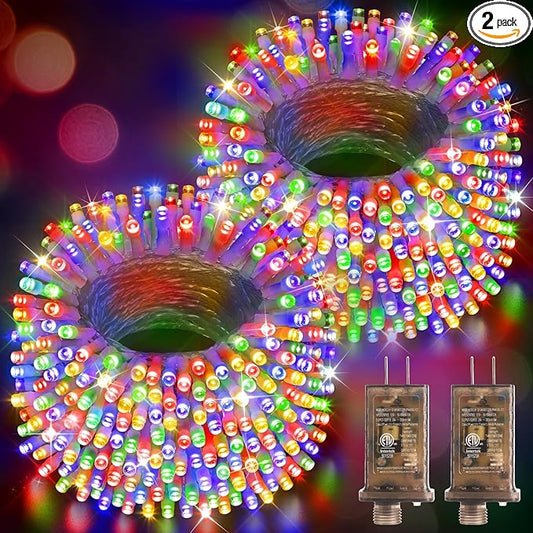 Hezbjiti 2 Pack 1000 LED 403 FT Christmas String Lights Outdoor, 8 Lighting Modes IP44 Waterproof Fairy Lights with Timer and Dimmable Function for Party Tree Decorations (Multicolor, Clear Wire)