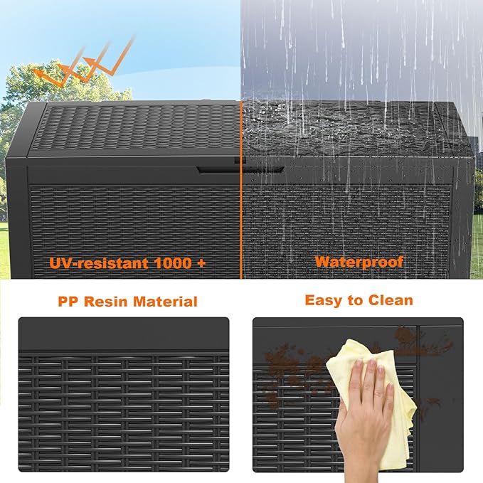 100 Gallon Resin Deck Box, Lockable Patio Outdoor Storage Box for Furniture, Garden Tools and Tools Storage, Waterproof Outside Storage Boxes - Black