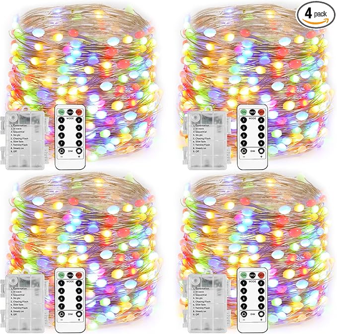 Homemory 4 Pack 20 Ft 60 LED Multicolor Fairy Lights Battery Operated Christmas Lights with Remote, Waterproof 8 Modes Firefly Twinkle String Lights for Party Bedroom Wedding Decorations
