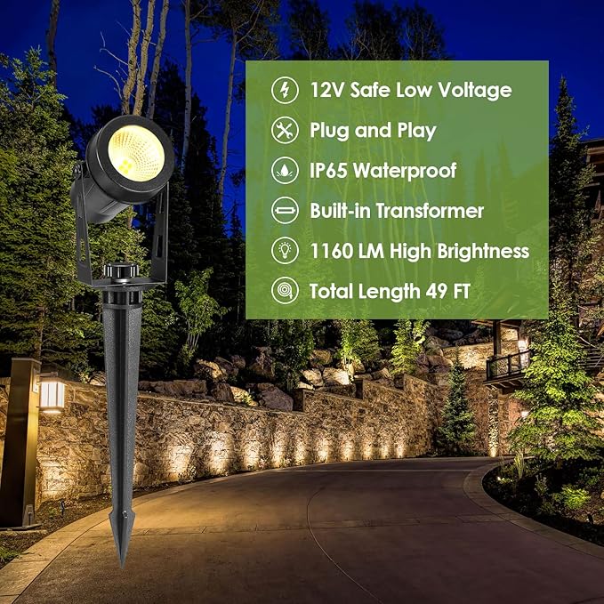 ECOWHO Outdoor Landscape Lighting, 12V LED Low Voltage Landscape Lights Waterproof Outdoor Spotlights Plug in, Graden Lights with Connector for Yard Flag Tree Pathway Lawn Decor(4 Pack Warm White)
