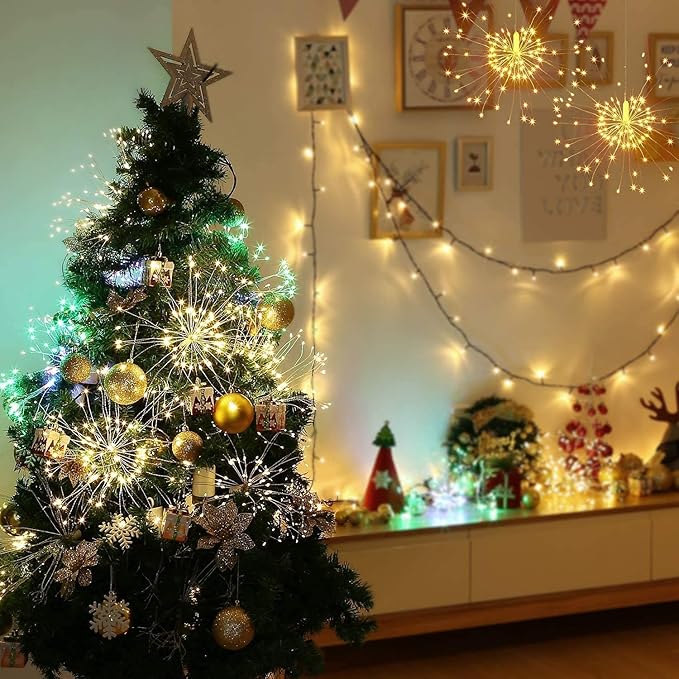 FOOING 6 Pack Firework Lights Led Copper Wire String Lights 8 Modes Battery Operated Fairy Lights with Remote,Wedding Decorative Hanging Lights for Party Patio (Warm White)