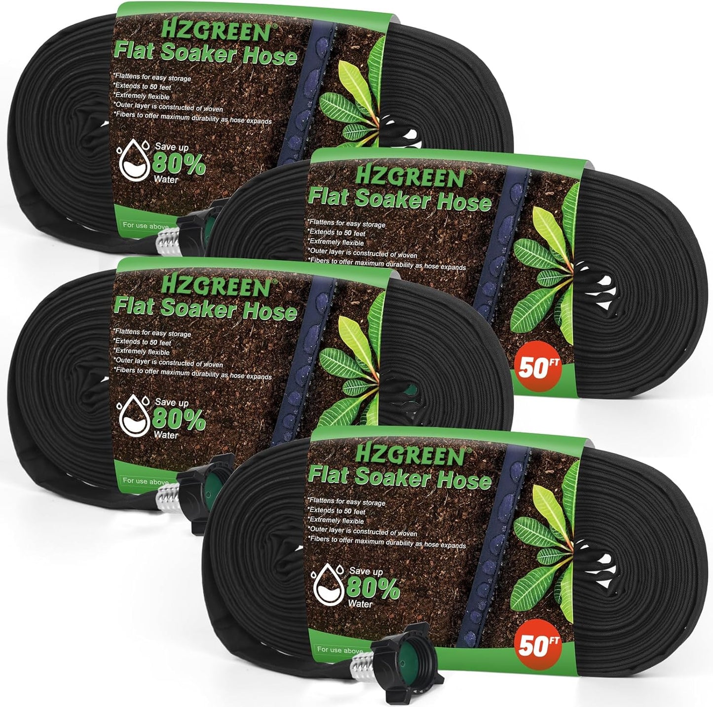 Flat Soaker Hose 50FT x 4 PACK,Drip Hose for Garden Beds Linkable Irrigation System Lightweight and Easy Watering for Tree Plant and Save 80% Water for You (200FT)