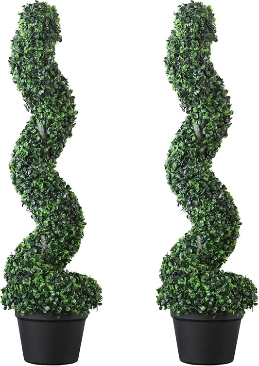 39 inchBoxwood Artificial Cedar Spiral Topiary Trees – Decorative Fake Greenery in Planter Pots for Front Porch, Outdoor Walkway, Entryway Decorating, Set of 2