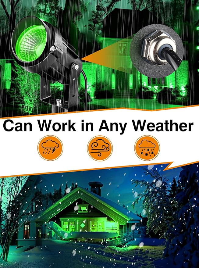 7W Green LED Landscape Lights, 110v 120V Plug in Landscape Lighting with IP66 Waterproof Halloween Christmas Spotlights for Garden Pathway Tree Pathway, 2 Pack