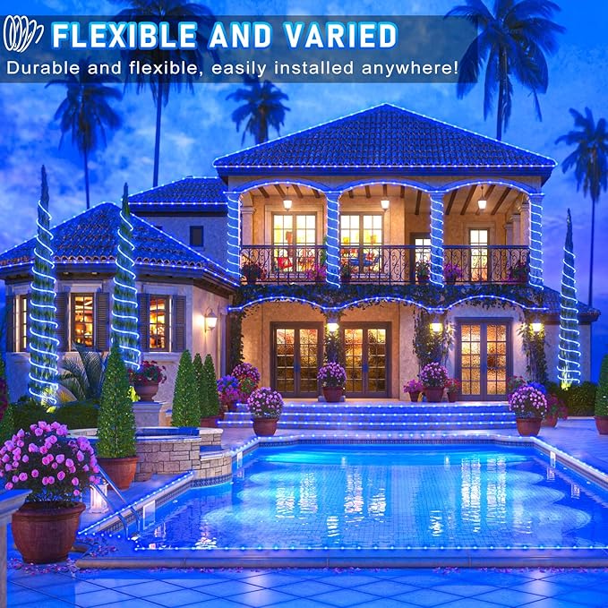 66FT 200 LED Rope Lights for Outside, Christmas String Lights with Waterproof 8 Modes, Flexible and Connectable Plug in Fairy Lights for Outdoor Indoor Bedroom Patio Party Wedding Decorations, Blue