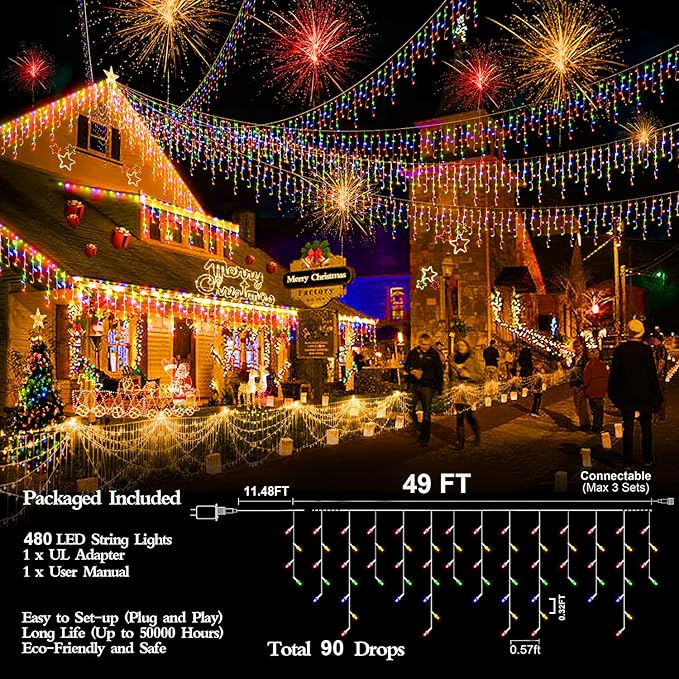49FT 480LED Christmas Lights Decorations Waterproof 8 Modes Christmas Lights Outdoor with Memory and Timer Fairy Lights Plug-in Christmas String Lights for Holiday Party Wedding Home Roof