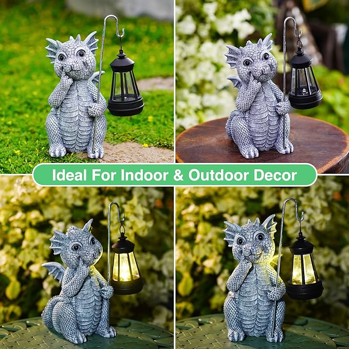 Goodeco Dragon Garden Statue Outdoor with Solar Lantern - Resin Dragon Decor for Garden, Patio, and Yard - 8.3 inches Dragon Gifts & Decorations (Dragon)