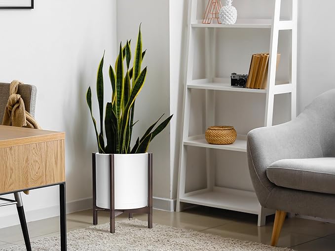 D'vine Dev Planter with Stand - 12 Inch Plastic Cylinder Flower Pot with Wood Holder for Indoor, Matte White Pot + Walnut Color Stand, 55-C-O-1