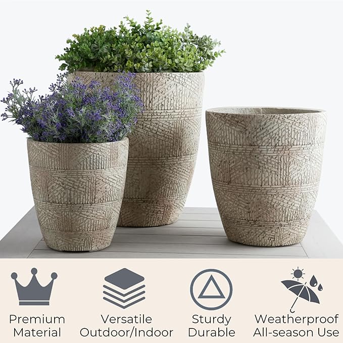 17.7"+13.8"+9.8" Dia Round Concrete Planter Set of 3, Large Indoor Outdoor Planter, Flower Pots with Drainage Holes and Sealing Plug for Garden, Patio, Home, Office Weathered Concrete Gray