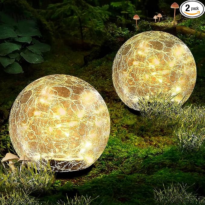 Garden Solar Ball Lights Outdoor Waterproof, 30 LED Cracked Glass Globe Solar Power Ground Lights for Path Yard Patio Lawn, Christmas Decoration Landscape Warm White(2 Pack 3.9'')