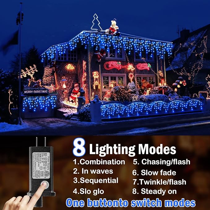 Hezbjiti Christmas Decorations Lights Outdoor, 400 LED 32.8 FT 8 Modes 75 Drops Fairy String Curtain Lights for Christmas Decor Eaves Window Party Yard Garden Indoor (Blue)