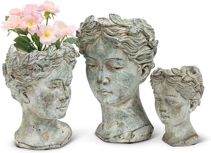 Abbott Collection Goddess Head Planter - Small Cement Indoor and Outdoor Planter Pot - Grecian Woman Statue Head Planter for Flowers and Succulents (Grey, 3.5" Opening)
