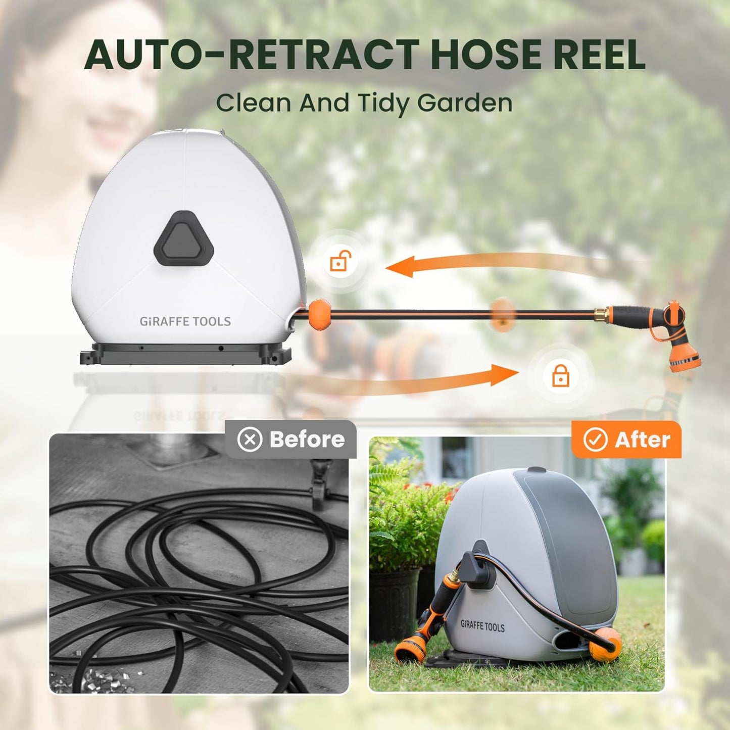 Giraffe Tools Retractable Hose Reel with 1/2 Inch x 100FT, Heavy Duty Ground Mount Garden Hose Reel, Automatic Rewind,with 9-Function Sprayer Nozzle & Flexible Swivel Base