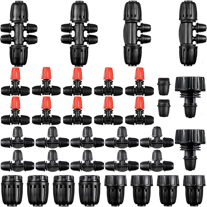 36 Pcs 1/2" to 1/4" Drip Irrigation Fittings Kit Barbed Tee Connector 2 4 6 Way Locked Tee Easy Connector Tubing End Plug Misting Nozzle Irrigation Hose Adapter for Lawn Plant System