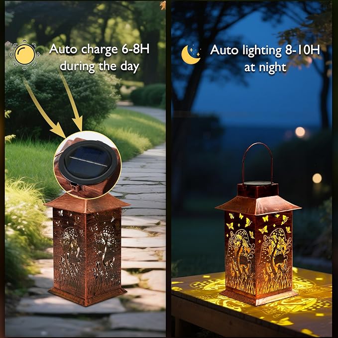 Homemory Mushroom Solar Lanterns Waterproof, Metal Hanging Hollowed-Out Metal Decor Lantern, LED Outdoor Decoration for Outside LED Lanternse for Yard, Backyard, Porch, Lawn