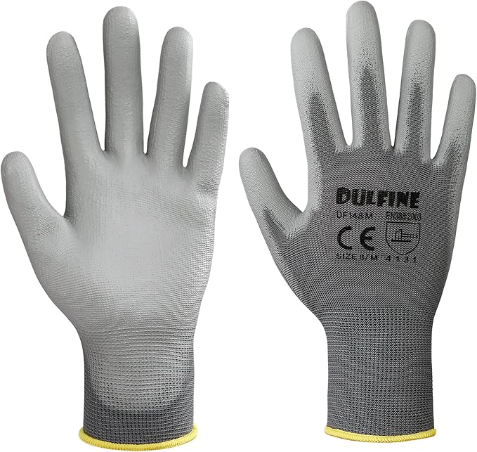 DULFINE Safety Work Gloves for Men PU Coated 60 Pairs Bulk Pack,Grey Yellow Seamless Knit Glove with thin Polyurethane Coated Smooth Grip on Palm & Fingers,Ideal for General Duty Work (Small)