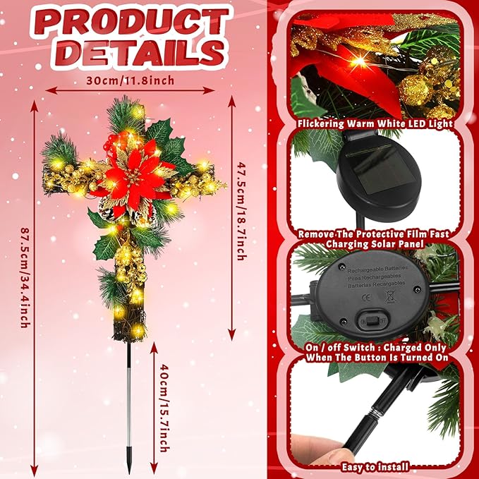Ganeen 2 Pcs Solar Stake Christmas Outdoor Decorations Christmas Yard Stake Decor LED Lights Cemetery Grave Cross Poinsettia Decor for Holiday Garden Pathway Lights (Poinsettia)