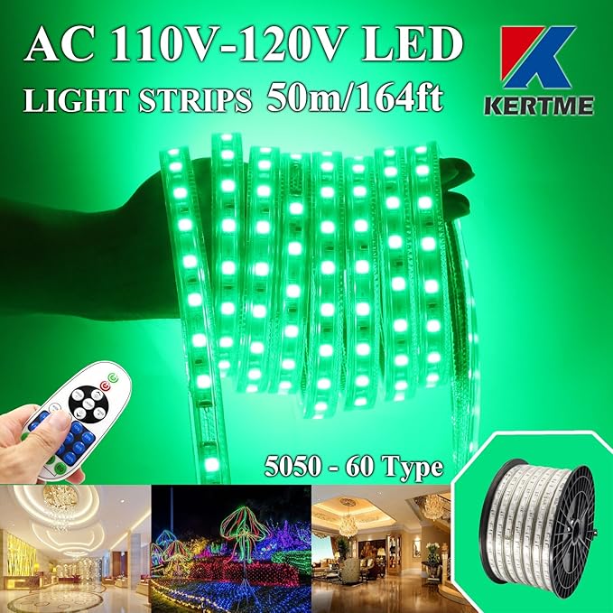 5050-60 Type AC 110-120V Green LED Strip Lights, Flexible/Waterproof/Dimmable/Multi-Modes LED Rope Light + 23 Keys Remote for Home/Garden/Building Decoration (164ft/50m, Green)