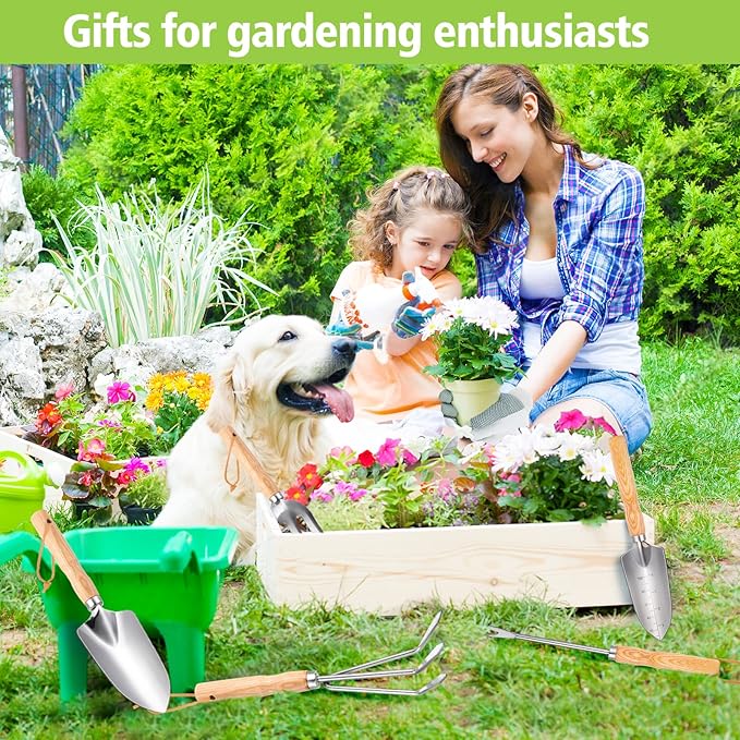 Garden Tools 5-Pieces, Heavy Duty Gardening Hand Tools with Wooden Handle, Canvas Gloves, Stainless Steel Material, Rust-Proof Garden Tool Set, Ideal Gardening Gifts for Women