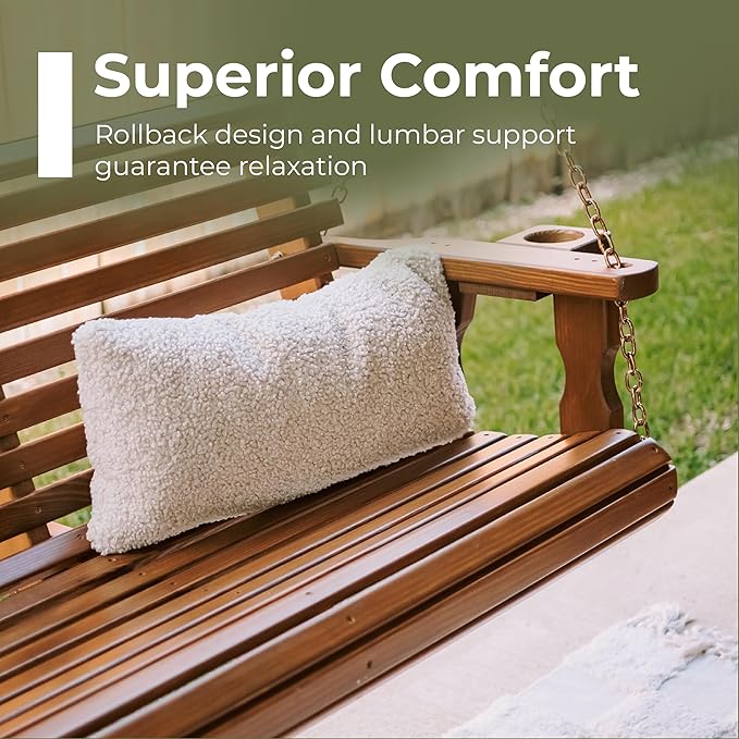 Amish Casual 4 Foot Roll Back Porch Swing with Cup Holders in Semi-Solid White Stain - Amish Made in The USA from Treated Pine Heavy Duty 700 Lb. Weight Capacity