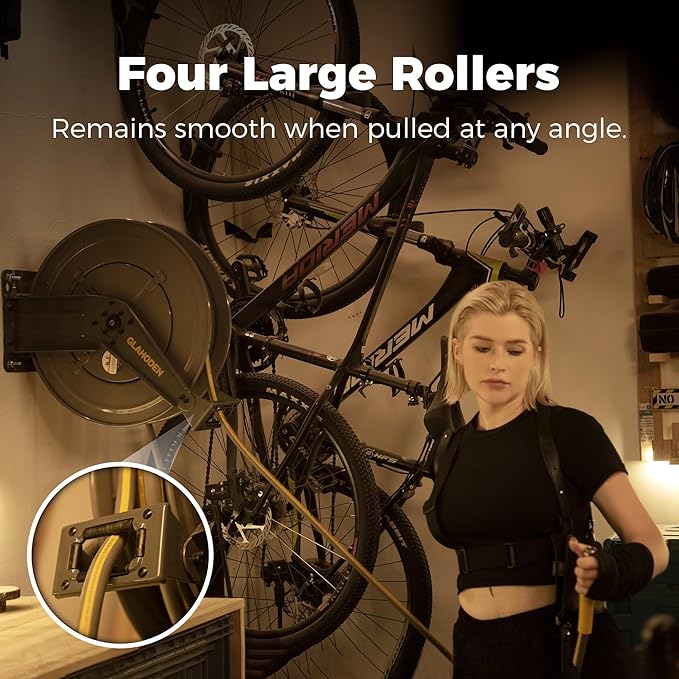 Double Arm Retractable Air Hose Reel, 3/8 in × 80 ft Hybrid Hose Heavy Duty Steel Professional Air Compressor Hose Reel with 5 ft Lead in Max 300PSI Auto Rewind Quick Coupler Swivel Fitting