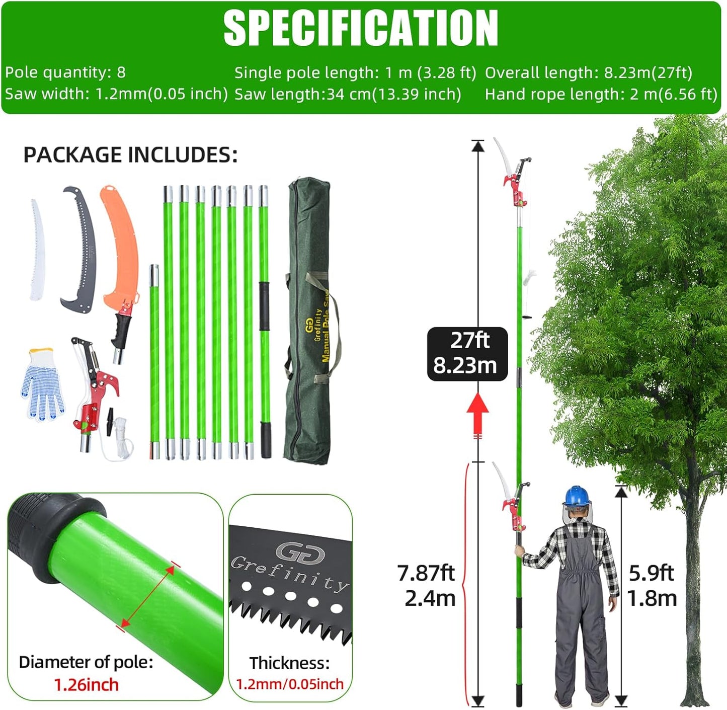 27FT Manual Pole Saw, Tree Branch Trimmer with 8-Section Fiberglass Handle, Sharp Steel Blade and Scissors, Lightweight Extendable Design for High Branch Trimming, Ideal for Palms and Shrubs