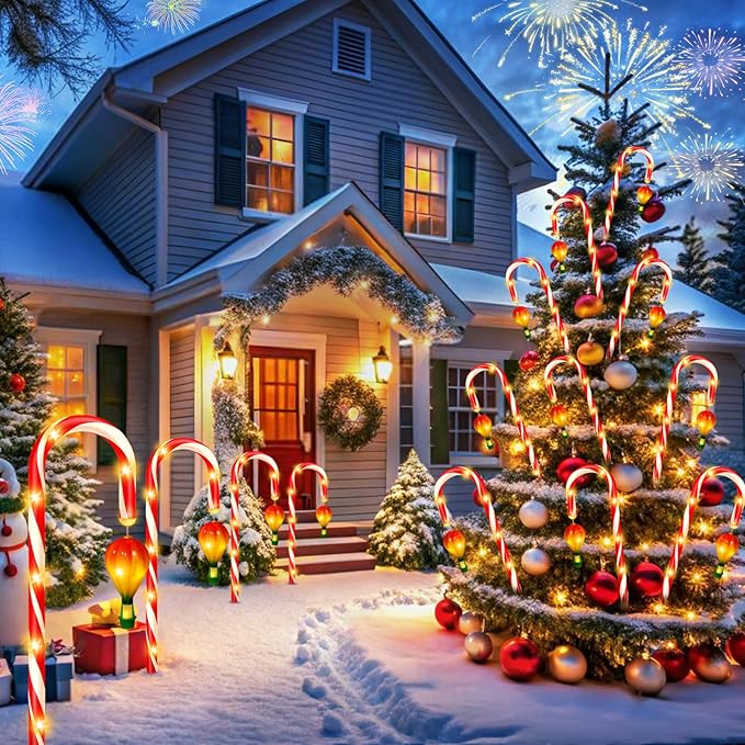 6 Pack Outdoor Christmas Decorations, 21" Solar Candy Cane Christmas Lights with Lantern and 90 Bright LED, Waterproof 8 Modes Outside Xmas Decorations for Outdoor Yard Garden Pathway