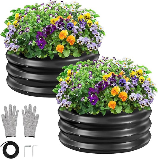 GreatBuddy 2x2x1 ft Round Galvanized Raised Bed, Easy-Assembly Raised Garden Bed with Anti-Cut Gloves & Tools, Rust-Proof Garden Bed for Outdoor, Vegetables, Herbs, Small Trees, Black